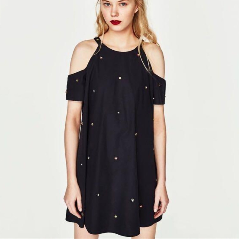 Zara Navy Beaded Poplin Dress